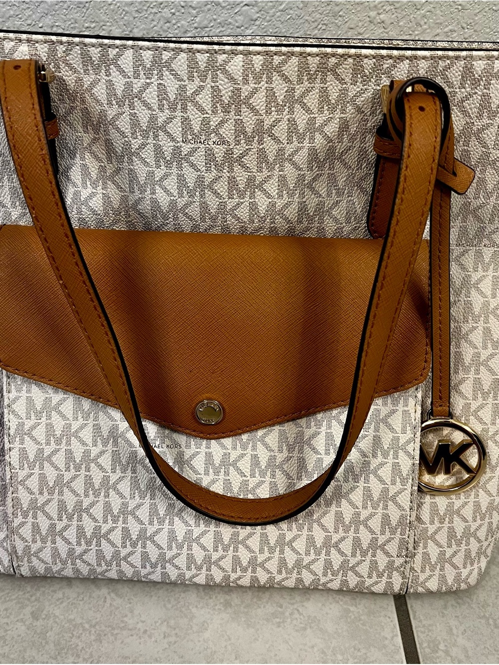 Michael Kors White and Tan Signature Logo Tote